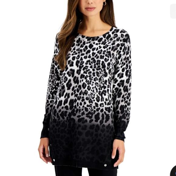Jm Collection Gray & Black Cheetah Print Long Sleeve Tunic Sweater Size M - Picture 1 of 9